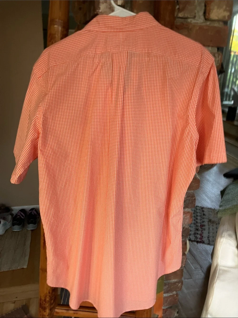 Ralph Lauren Orange Gingham Short-Sleeve Button-Up Shirt with Green Pony